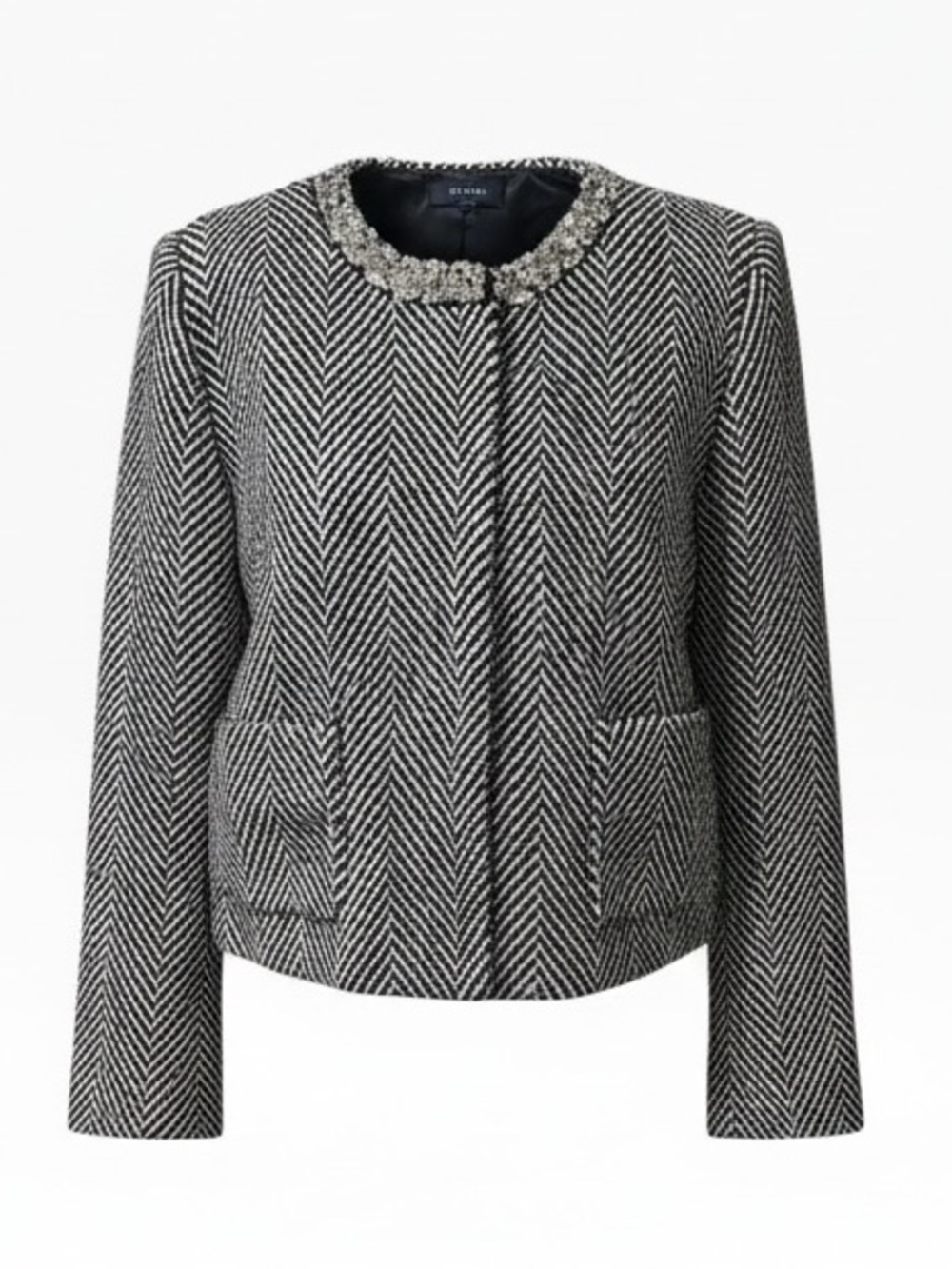 Ann Taylor Black & White Herringbone Tweed Blazer with Embellished Neck Sz 8 NWT